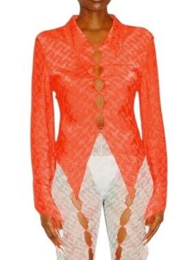 Rui Zhou Silk Blouse Size L Orange-Red Button-Front Cutout Top Avant-Garde